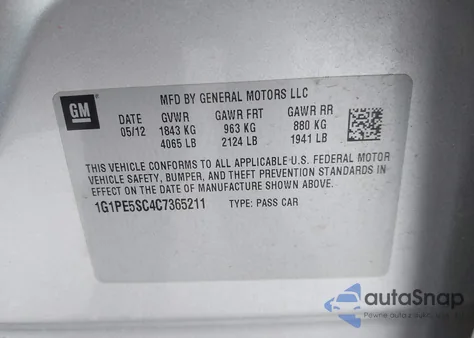 2011 Chevrolet Cruze Lt z USA, uszkodzony, nr VIN 1G1PG5S90B7200320